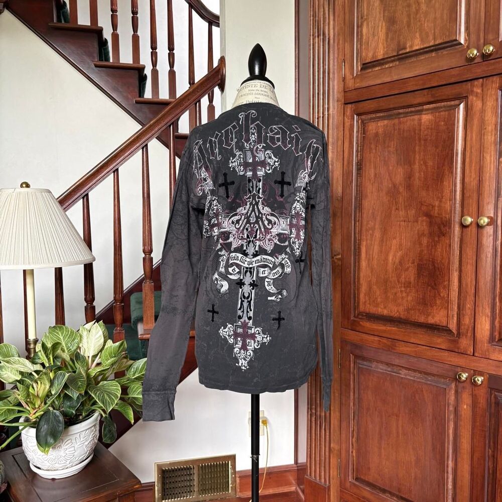Affliction Thermal Long Sleeve Black Red Grey and White Crosses Cyber Sigils